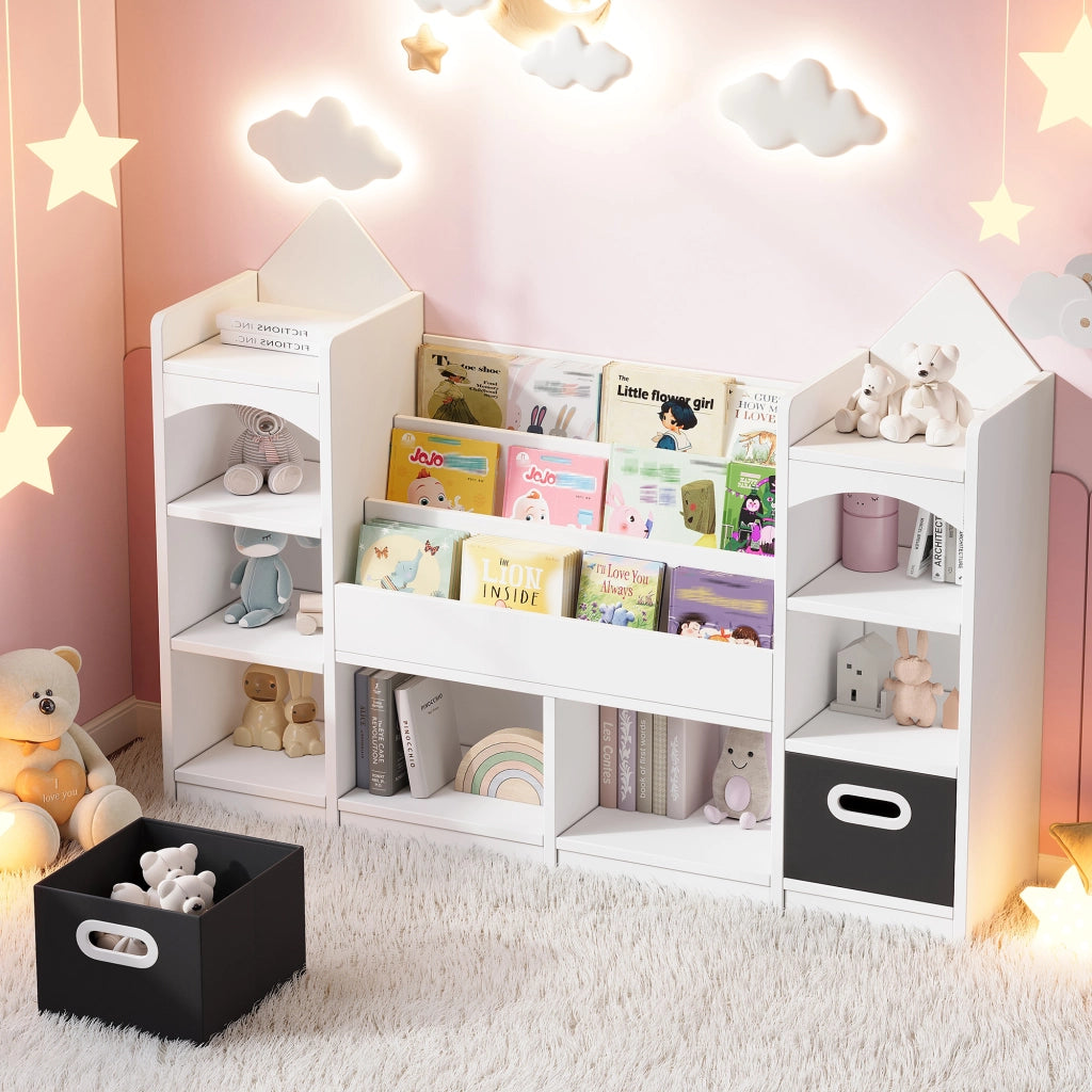 SCAFFALE per libri e giochi 130x30x90 cm Bianco con 2 box pieghevoli