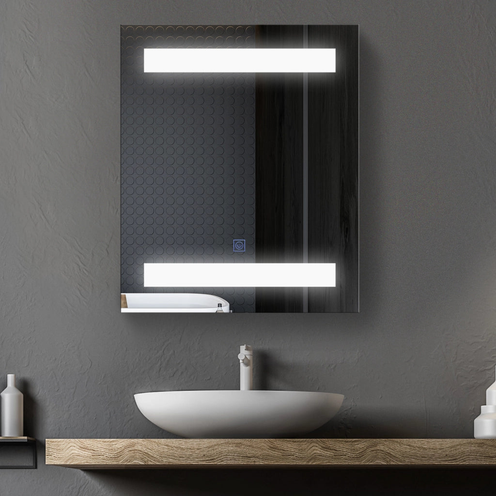 Pensile da Bagno con Specchio e LED ¨C Xylo ¨C 1 Anta, 2 Ripiani, MDF Bianco 60x50x15cm