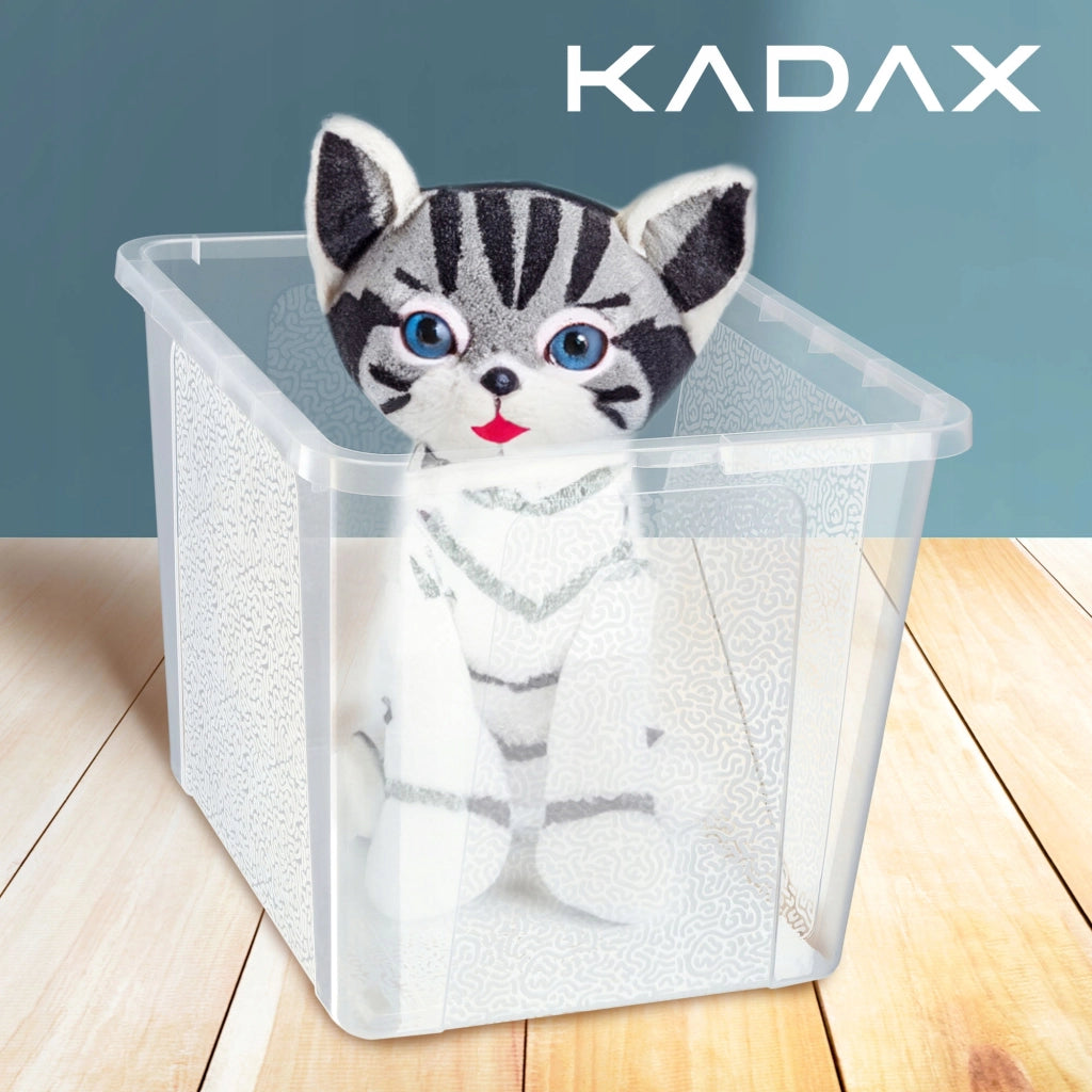 Contenitore in plastica KADAX da 30 litri con coperchio, trasparente e richiudibile, grande scatola