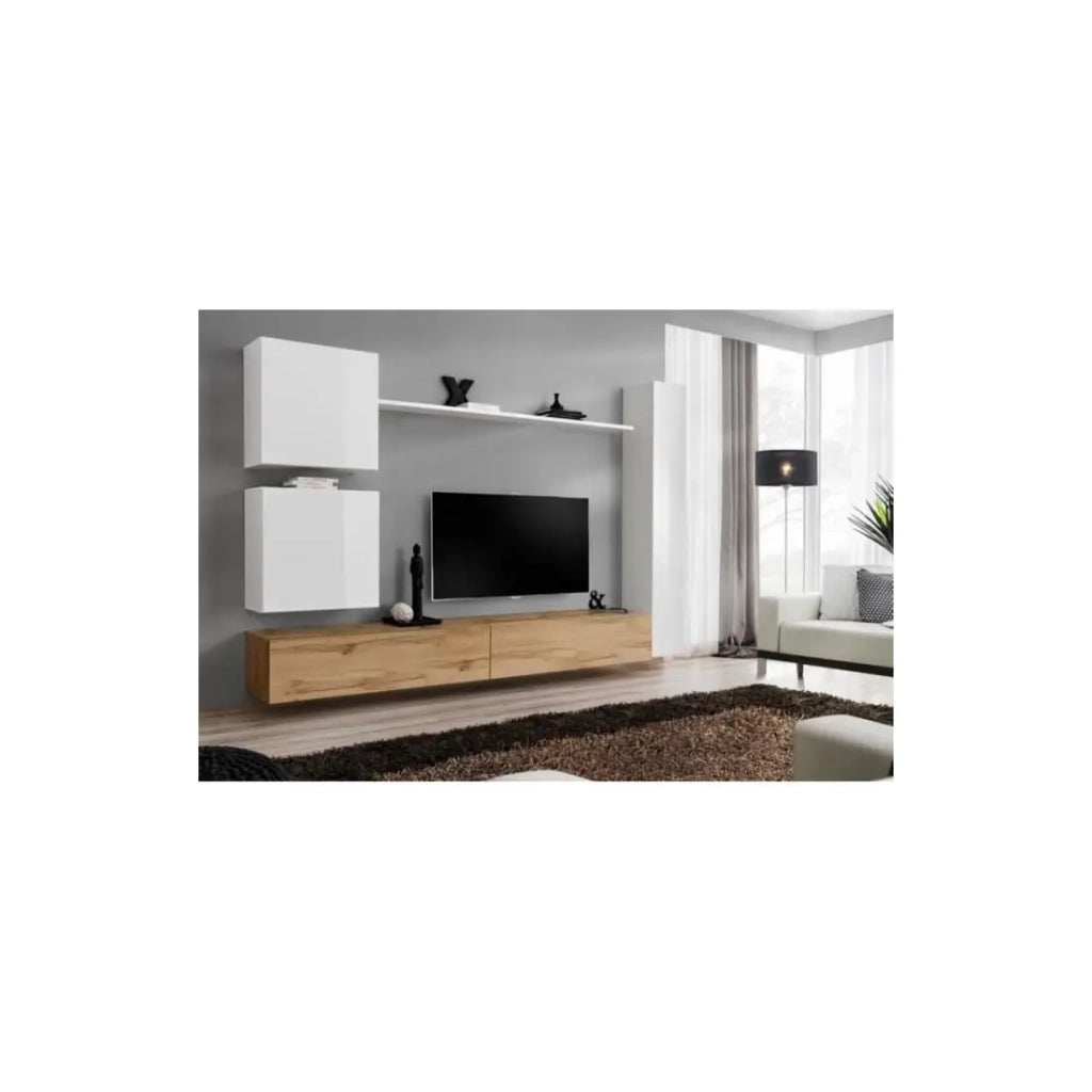 Set mobile da soggiorno a parete SWITCH VIII. Mobile TV da parete design, colori rovere Wotan e bianco lucido.