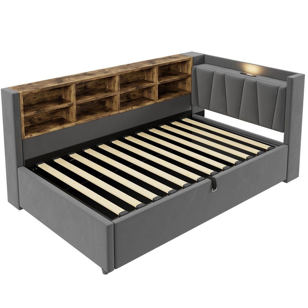 Letto Imbottito Contenitore 90x200 con Luce LED e USB ¨C MINIMAL ¨C Velluto Grigio Scuro