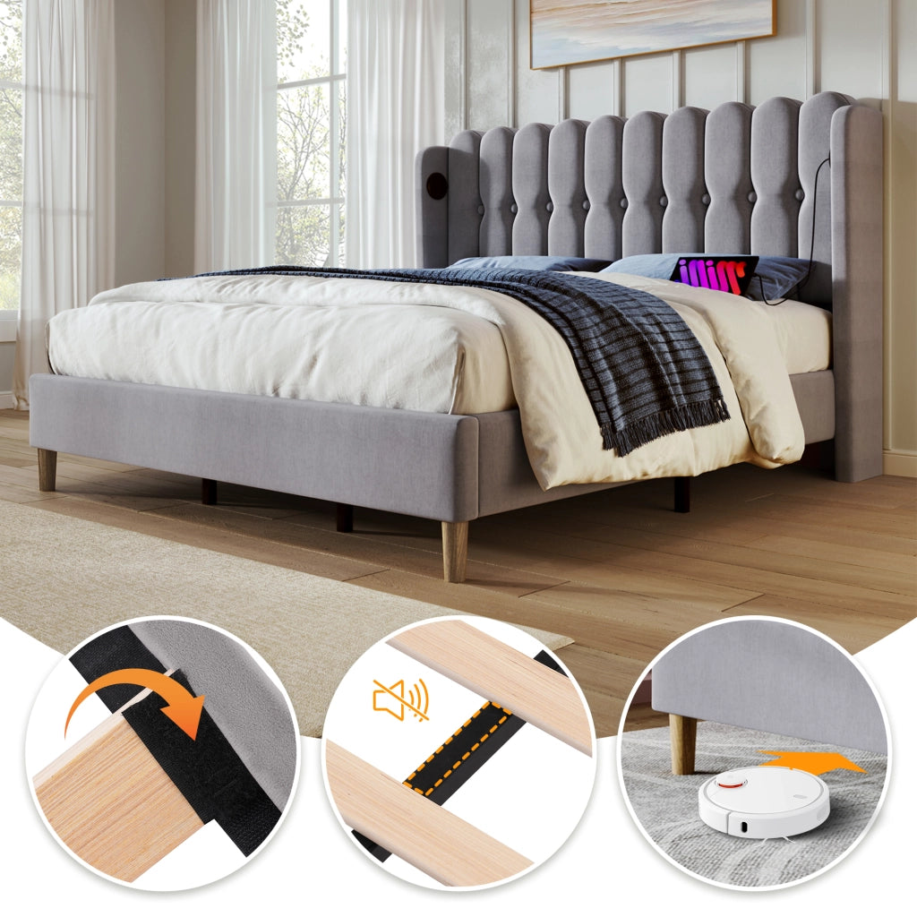 DESMIU Letto Matrimoniale 140 × 200 cm 2 posti con USB e Type-C, con materasso, in lino, grigio