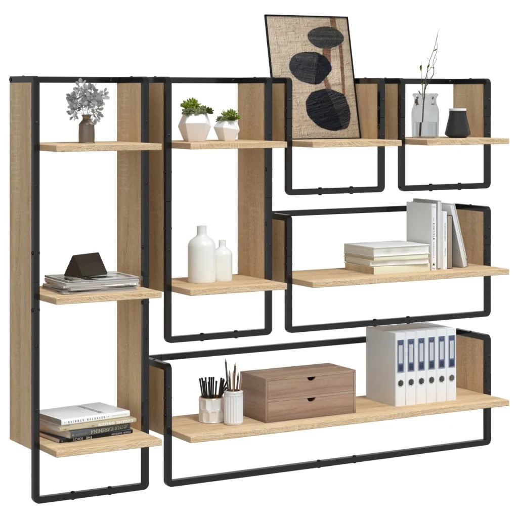 Set Mensole Parete con Aste 6pz-Ripiani-Scaffale Rovere Sonoma Legno Multistrato 124455