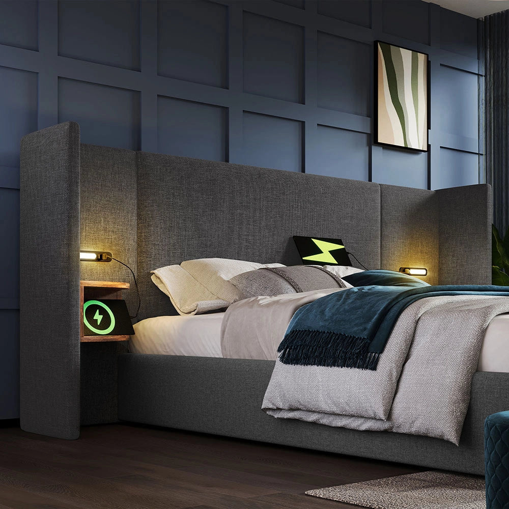Letto imbottito con cassone - Xylo - 180??200 cm - Grigio Lin - Comodino con luce e USB Type-C