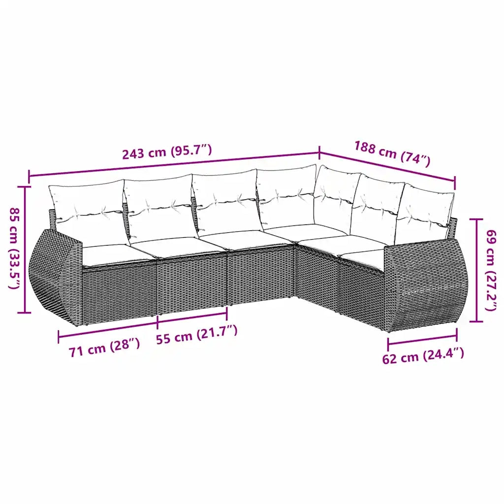 Set Divano da Giardino 6pz con Cuscini Grigio Chiaro Polyrattan 3253749