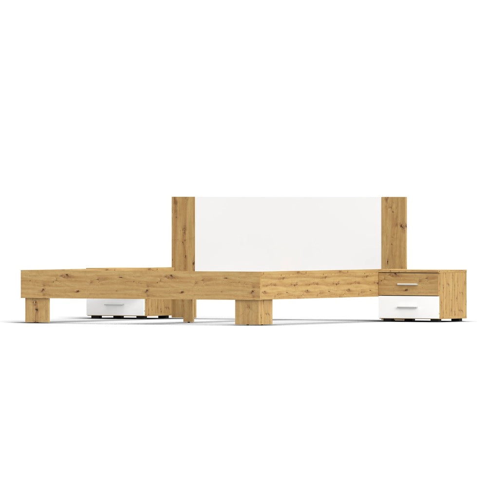 Letto matrimoniale Meria 180x200 con comodini integrati bianco e rovere