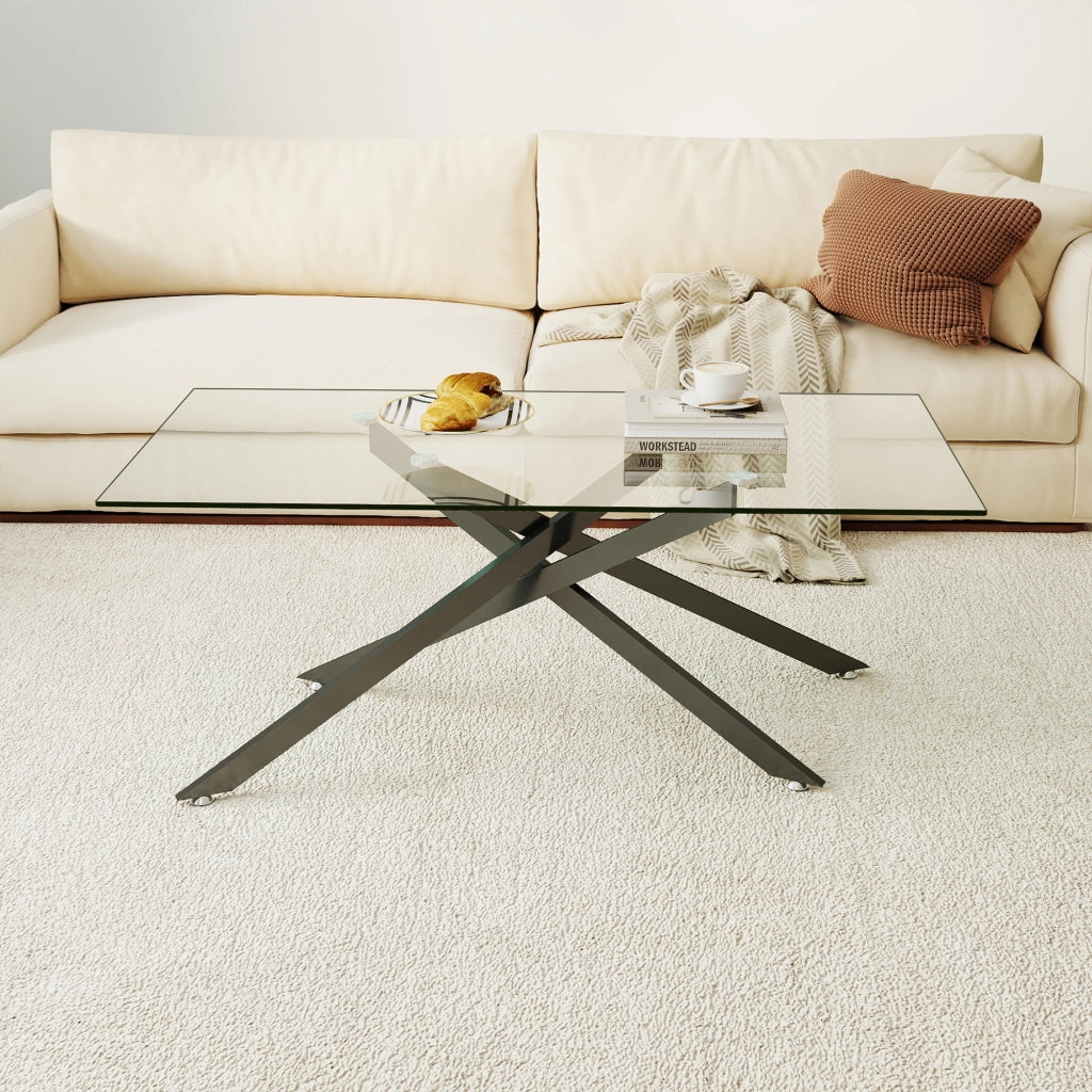 Tavolino basso in vetro temperato con struttura in metallo nero per soggiorno moderno rettangolare 120 × 60 × 46 cm