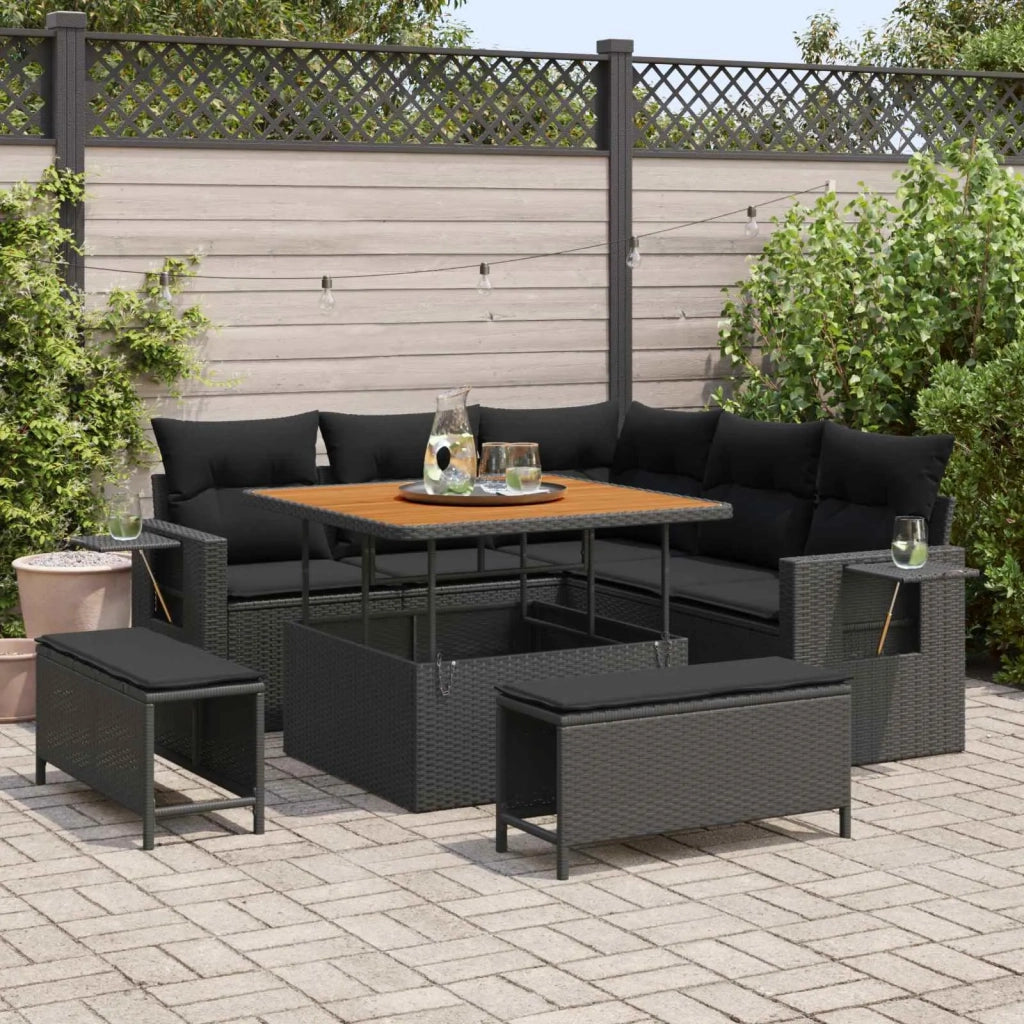 Set Divano da Giardino con cuscino 9 pcs Nero polyrattan