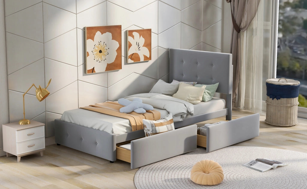 Letto imbottito 90x200 - Xylo - Grigio con cassetti e testiera regolabile