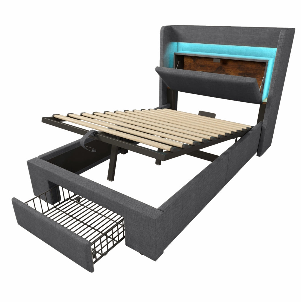 Letto imbottito 90x200 cm con contenitore idraulico; LED; USB e USB C; lino grigio
