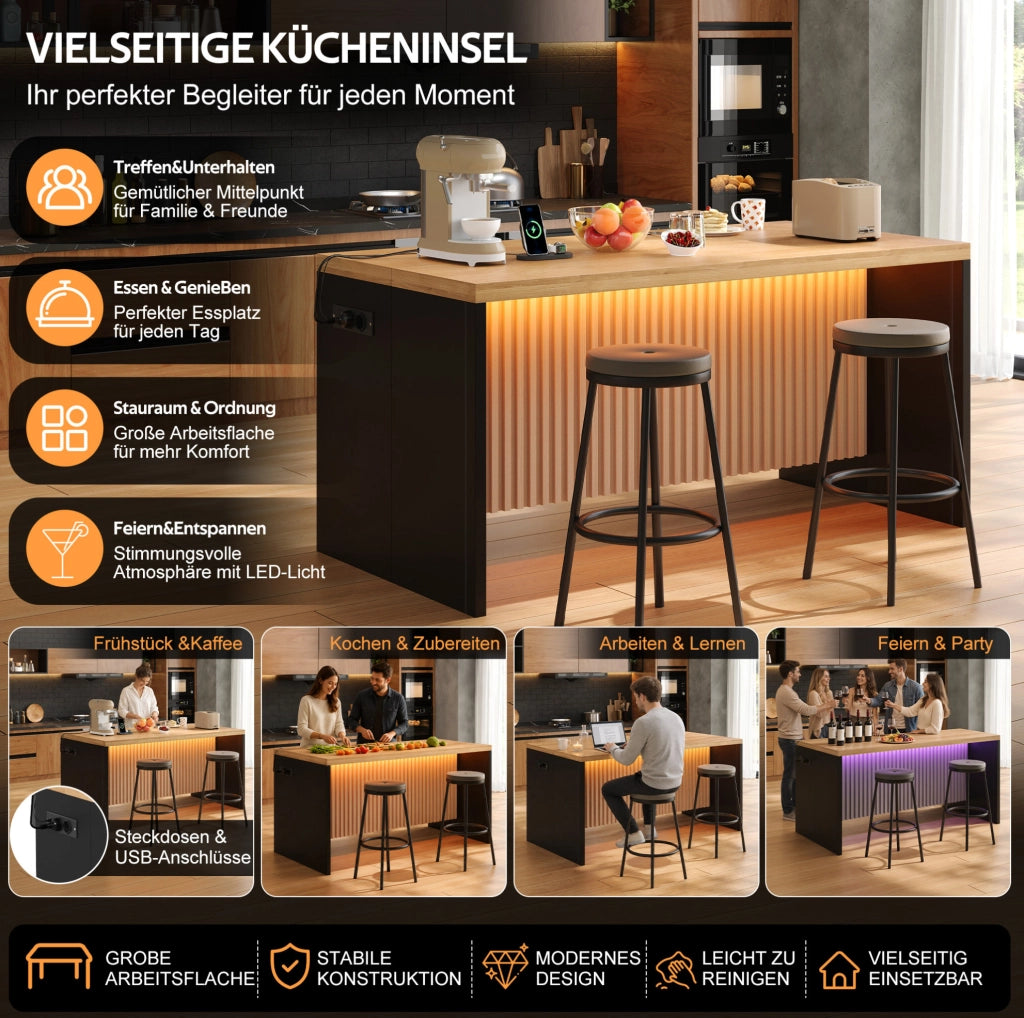 Isola cucina industrial 155x80x90 cm in MDF effetto legno e nero; con LED; prese e USB