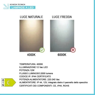 Specchio reversibile 70x80 illuminazione perimetrale LED e spessore 4 mm