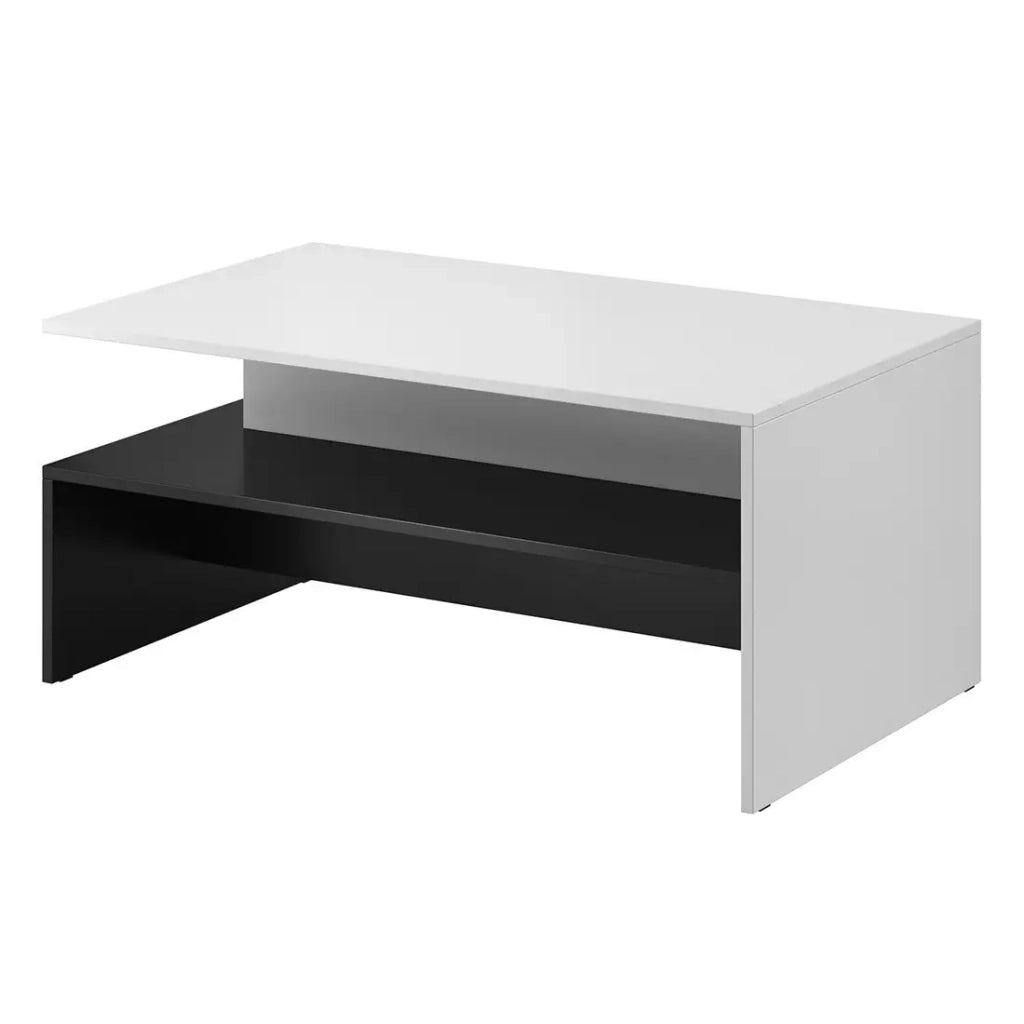 Tavolino basso RAMOS – Colori nero e bianco – Design moderno – Ripiano intermedio e struttura geometrica
