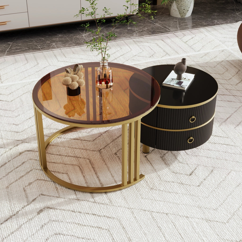 TAVOLINO da caffè rotondo 2 pezzi 70x70x45 + 50x50x40 cm nero e vetro