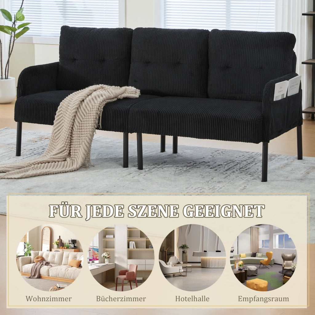 DIVANO 3 posti 171x72x80 cm in corduroy nero con tasca laterale