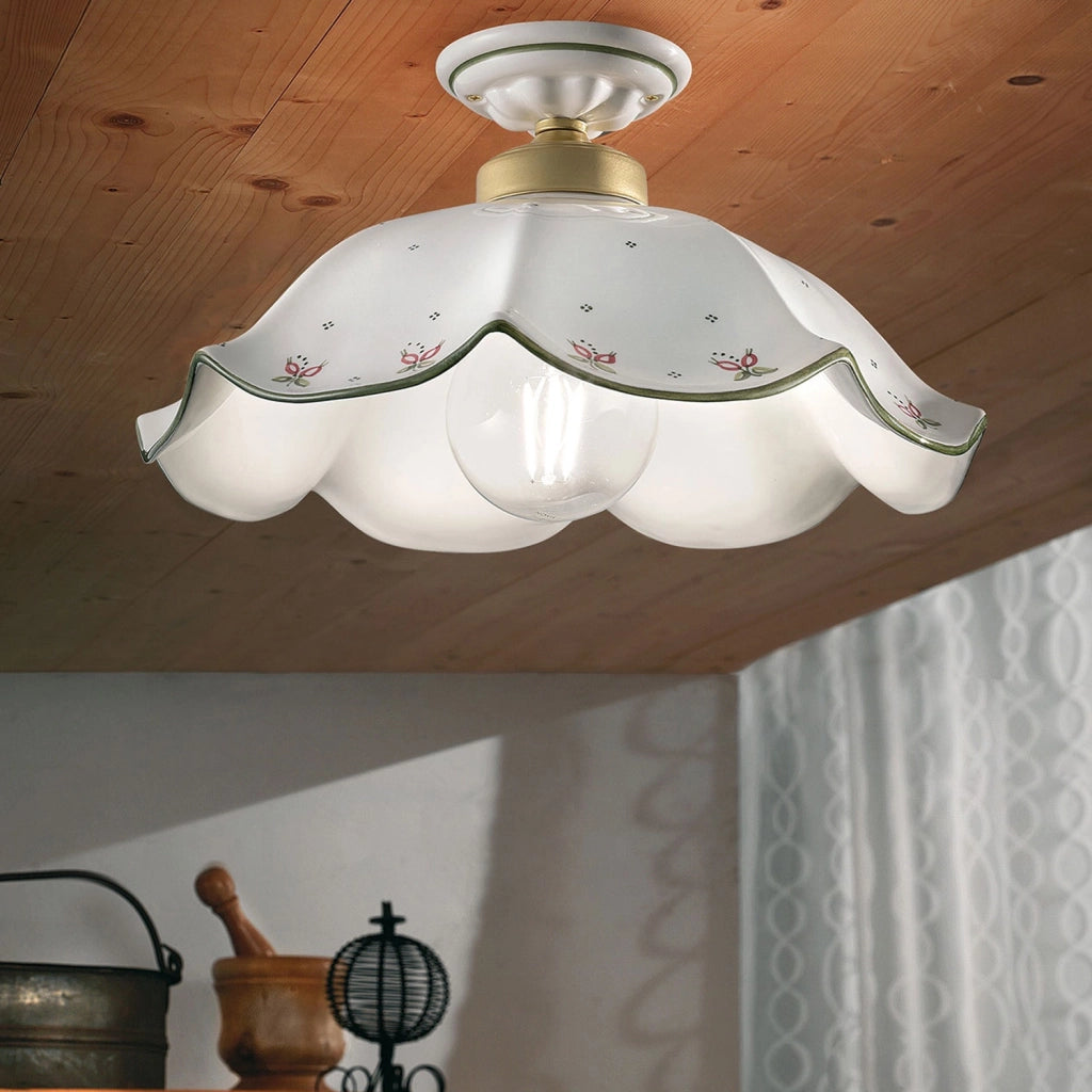Plafoniera Classica Belluno Ceramica E Ottone Satinato Decorato 1 Luce E27