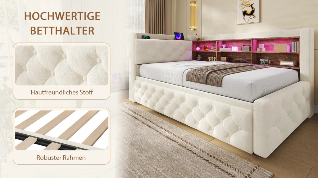 Divano letto estraibile 90x190 cm in velluto beige con contenitore, USB, Type-C e LED