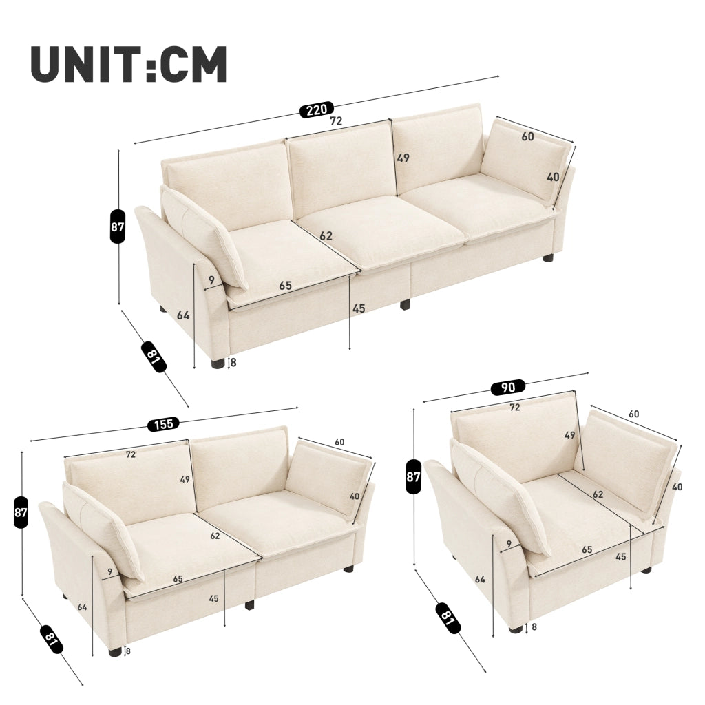 Divano modulare 3-2-1 - con cuscini per braccioli e seduta ampia - in chenille beige