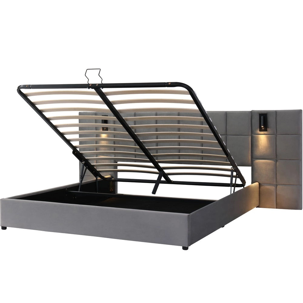 Letto Contenitore Imbottito con LED e USB ¨C Xylo ¨C Velluto Grigio 180x200