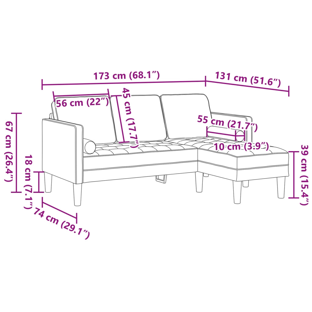 Sofa 3 posti con chaise lunga L grigio chiaro 160 cm in velluto