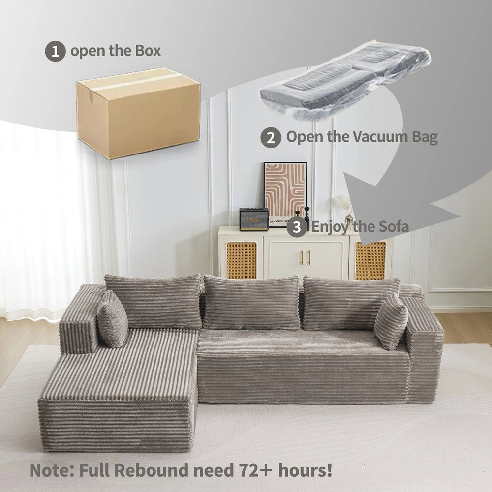 Divano Angolare con Chaise Longue ¨C MINIMAL ¨C Velluto a Coste, Grigio, Modulare