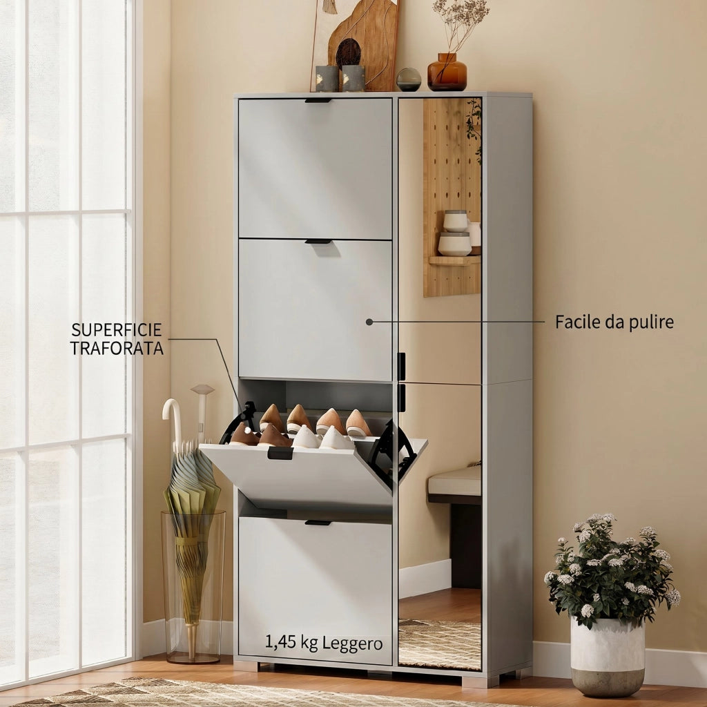 Scarpiera con Specchio e Cassetti Ribalta ¨C Minimal ¨C Grigio