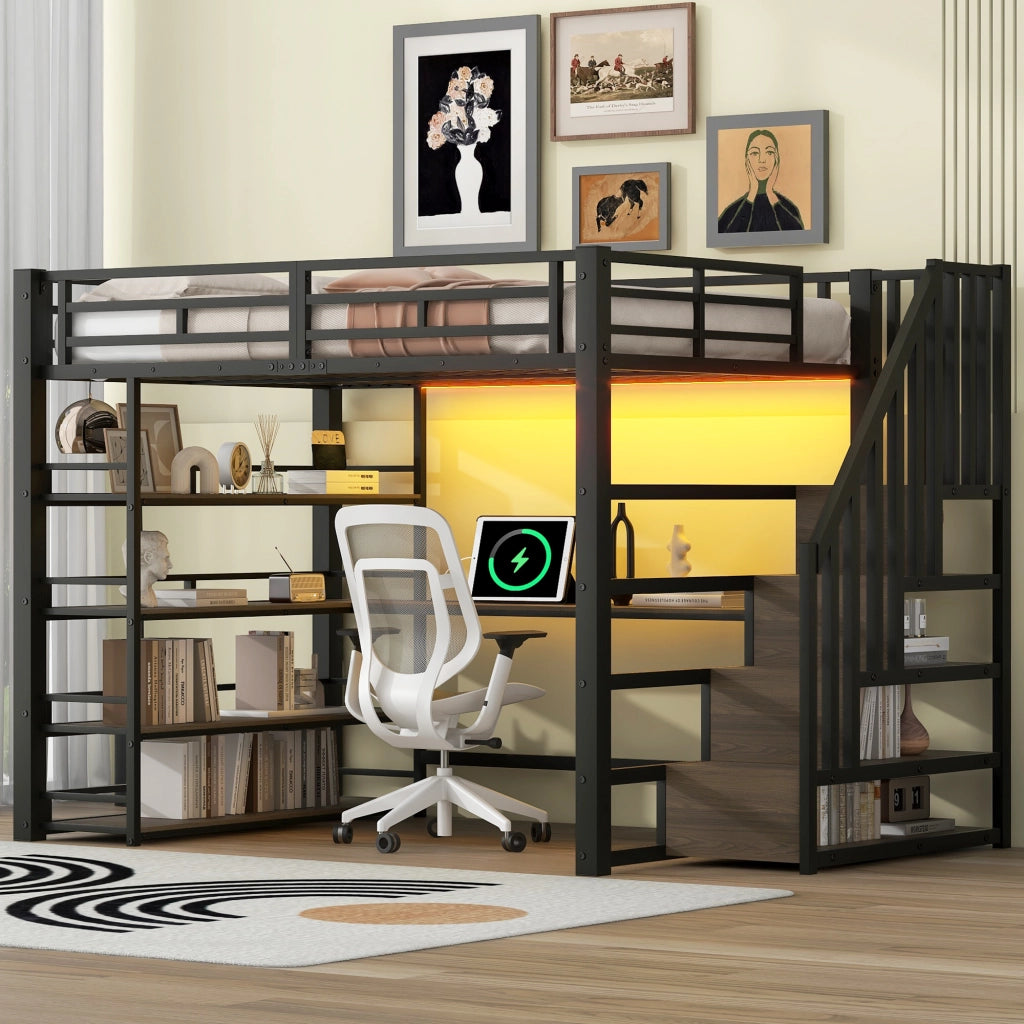 LETTO a soppalco 140x200 cm in metallo e MDF nero con scrivania e scala