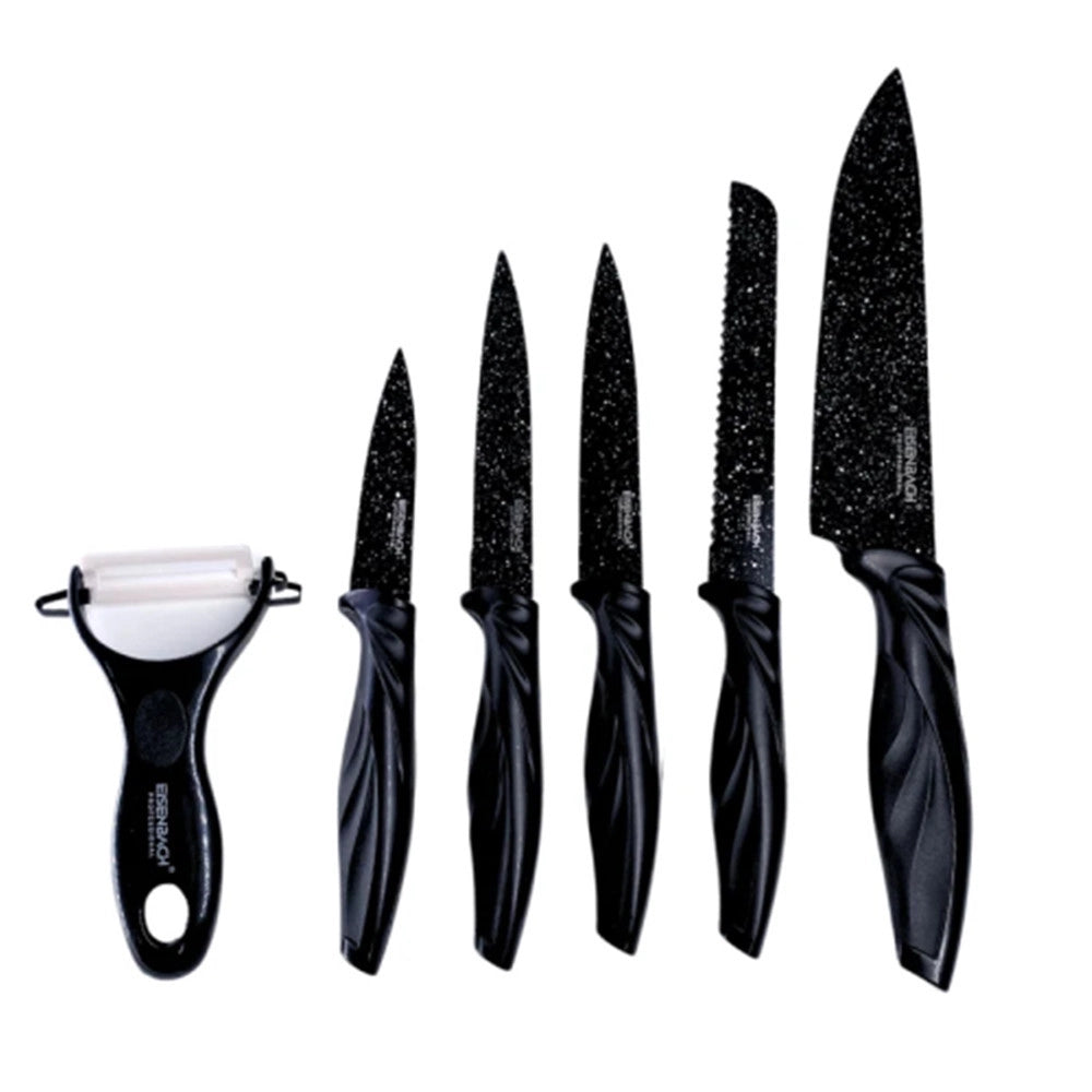 Trade Shop - Set Di Coltelli Rivestiti In Marmo Con Manici Ergonomici Antiscivolo 6 Pezzi Nero -