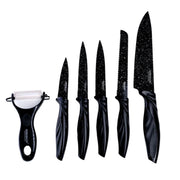 Trade Shop - Set Di Coltelli Rivestiti In Marmo Con Manici Ergonomici Antiscivolo 6 Pezzi Nero -