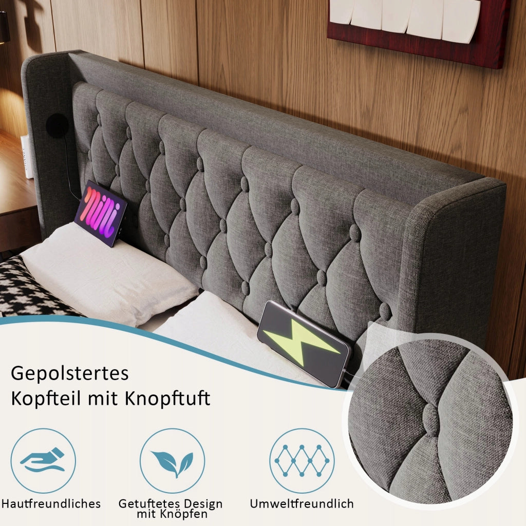 Letto imbottito 140x200 grigio - Xylo - Idraulico, LED, USB-C