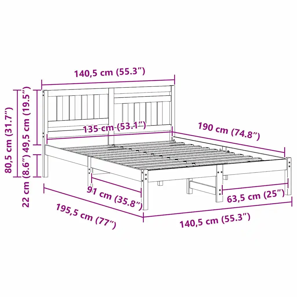 Letto matrimoniale | Letto per adulti | Struttura del letto Marrone 135 x 190 cm Pino massello