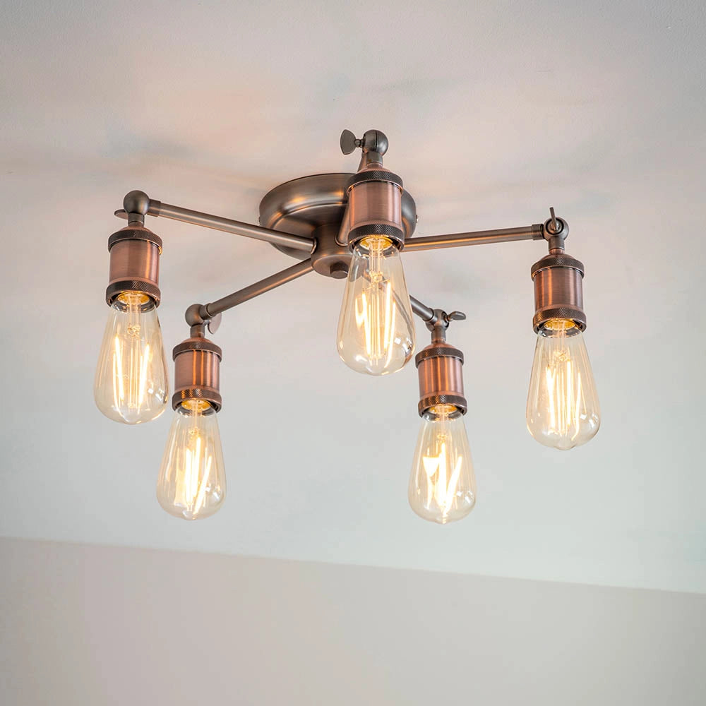 Plafoniera industriale rame anticato 5 luci E27 Endon