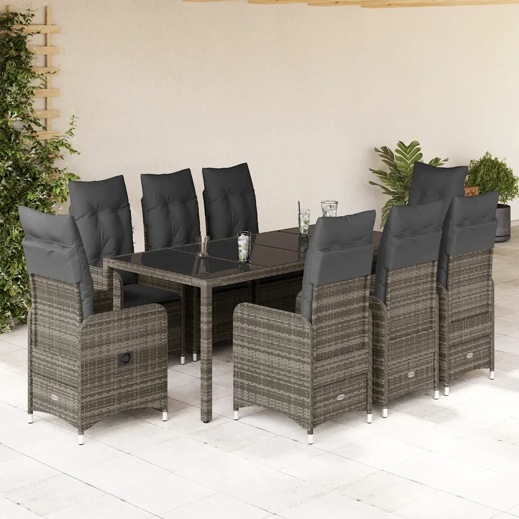 Set Bistrò da Giardino 9 pz con Cuscini in Polyrattan Grigio 3277039