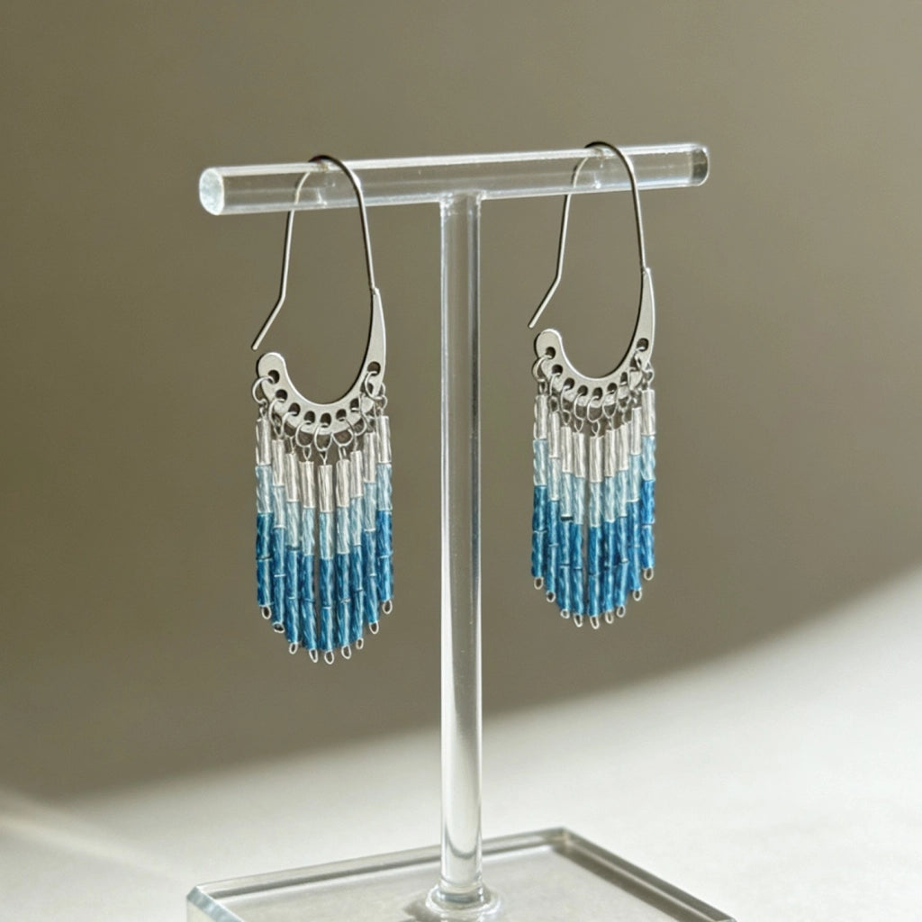 Eleganti orecchini a nappa con perline sfumate, realizzati a mano, stile boh¨¦mien, orecchini vintage con perline blu, orecchini in stile etnico