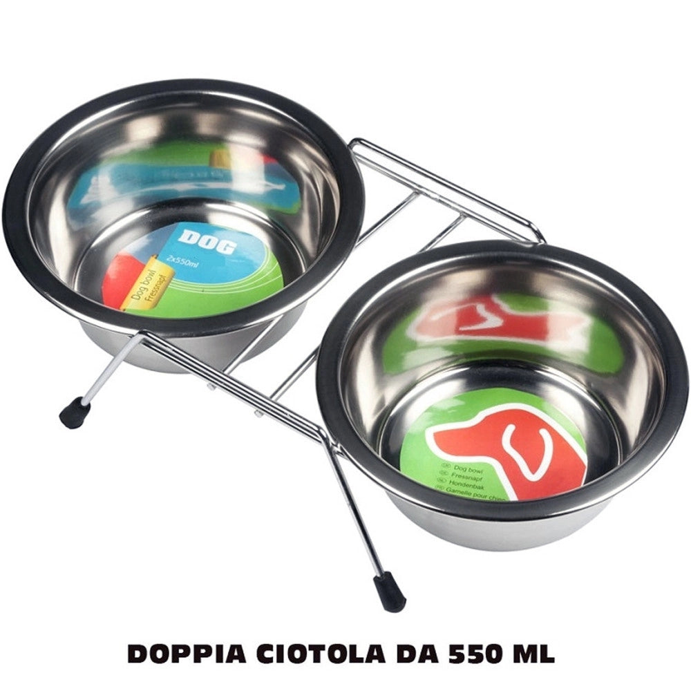Trade Shop - Doppia Ciotola Con Supporto Per Cani 2x550ml Per Cibo Acqua Crocchette Acciaio -