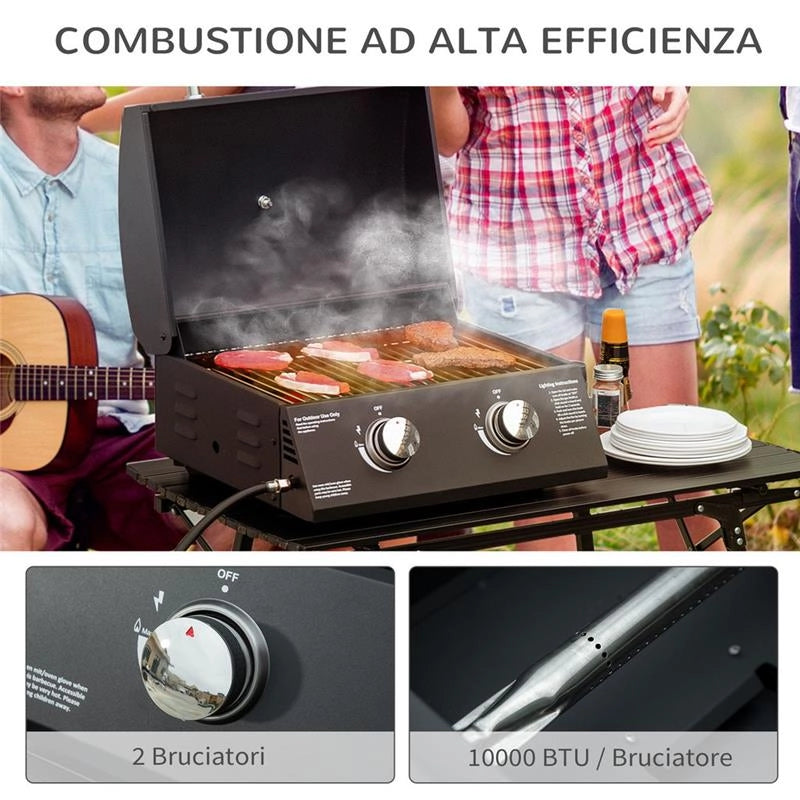 BARBECUE A GAS PIEGHEVOLE CON COPERCHIO, TERMOMETRO E 2 BRUCIATORI IN ACCIAIO