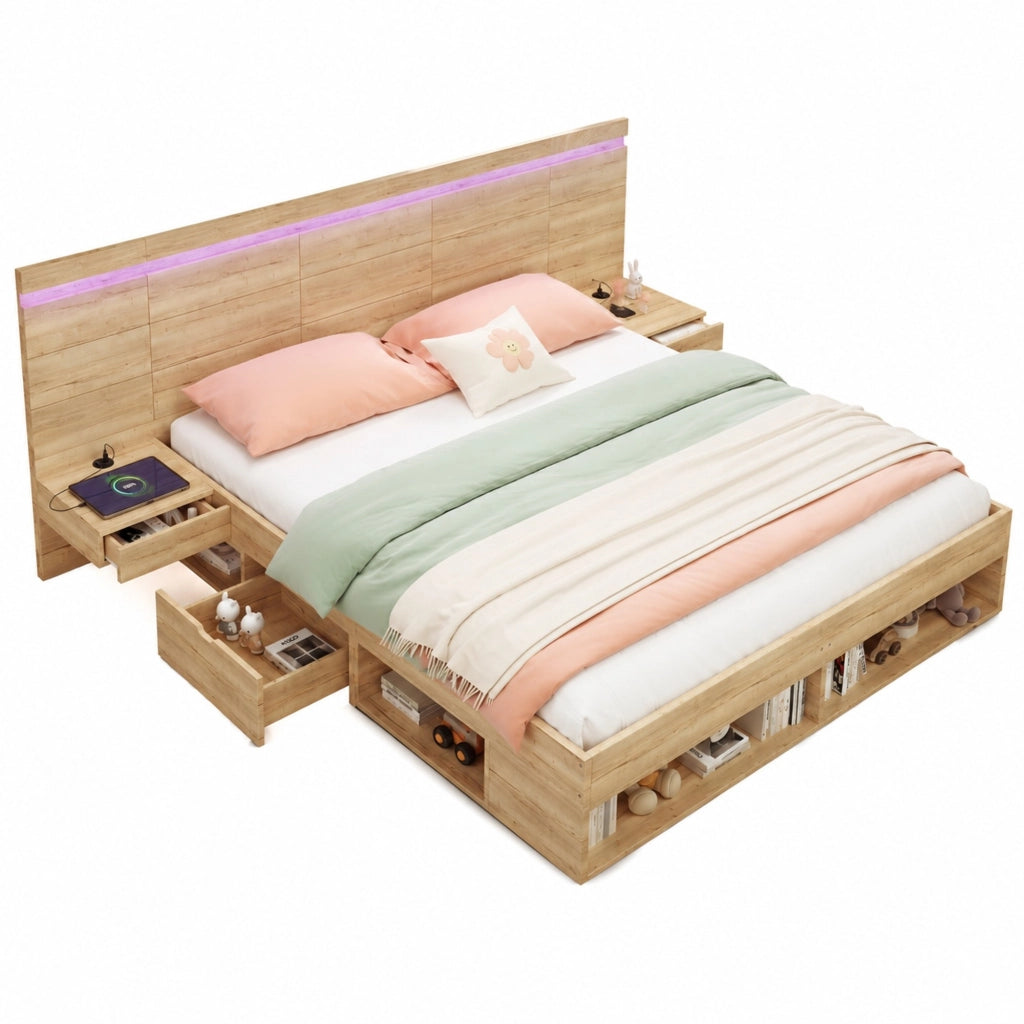 Letto matrimoniale contenitore in MDF naturale con LED; USB e USB-C; con comodini integrati