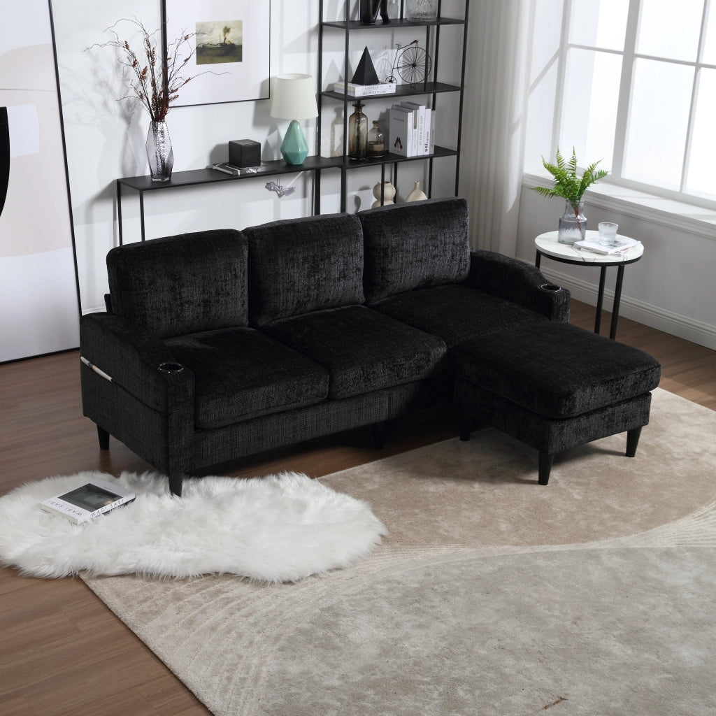 DIVANO 4 POSTI CON POUF CONTENITORE 196,5x75x77 cm CHENILLE NERO