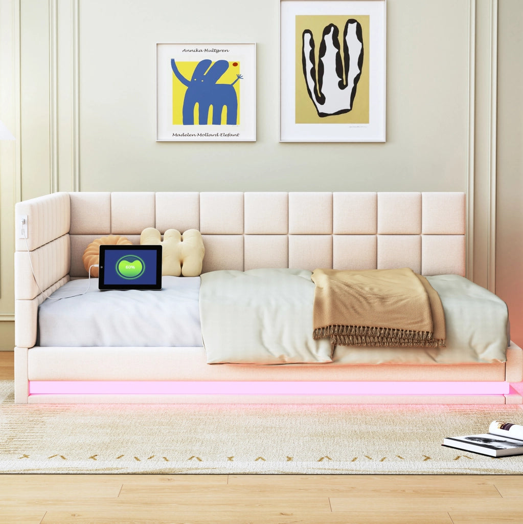 Divano letto 140x200 cm con LED e porta USB; tessuto di lino beige