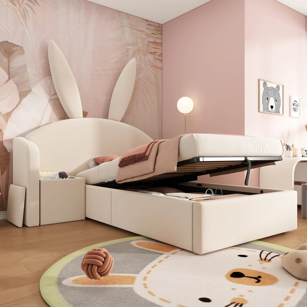 Letto Imbottito Singolo con Contenitore Idraulico e Comodino ¨C MINIMAL ¨C Velluto Beige 90x200
