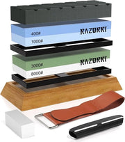 Set di abrasivi, doppio lato 400/1000 e 3000/8000 giri, pietra di abrasione e pietra piatta, guida angolare, base in bambù, righe dorate, per la lisciatura e la levigatura di lame metalliche