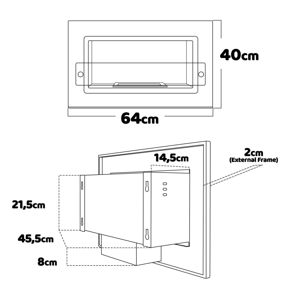 Adriano - Caminetto a bioetanolo da incasso con 1 bruciatore da 1.5L. Camino a bioetanolo in acciaio inox e vetro temperato. 64x40 cm colore nero