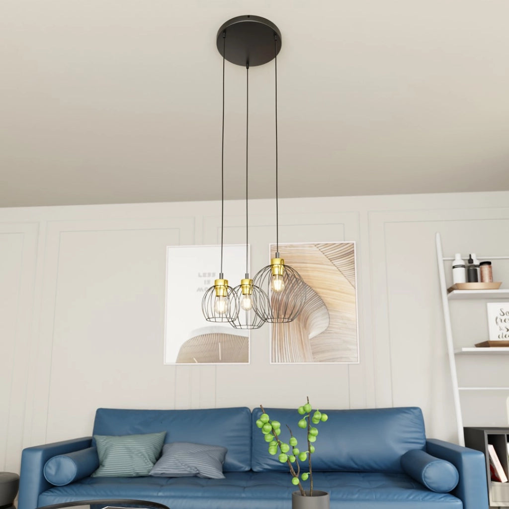 Lampada a sospensione loft tonda nero-oro 3xE27 Nando