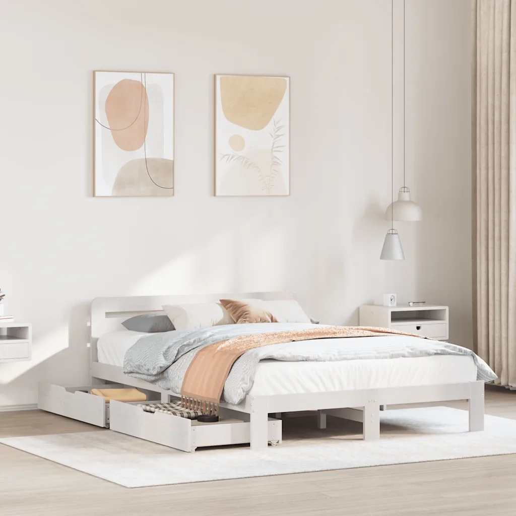 Letto matrimoniale | Letto per adulti | Giroletto senza Materasso Bianco 150x200 cm Legno Massello Pino