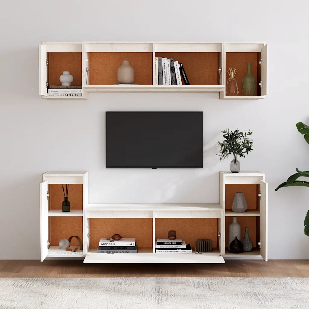 Mobili Porta TV 6 pz-Credenza per TV Bianchi in Legno Massello di Pino