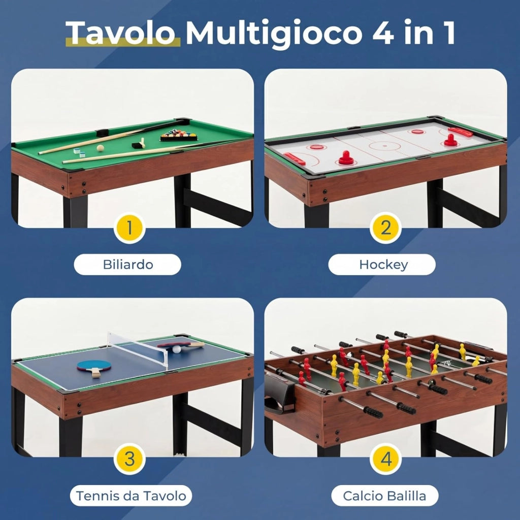 4 in 1 Tavolo Multigioco, Calcio Balilla/Tavolo da Biliardo/Ping Pong/Air Hockey, Calcetto Multigioco Impilabile per Casa Feste Bar, 125x97x83 cm