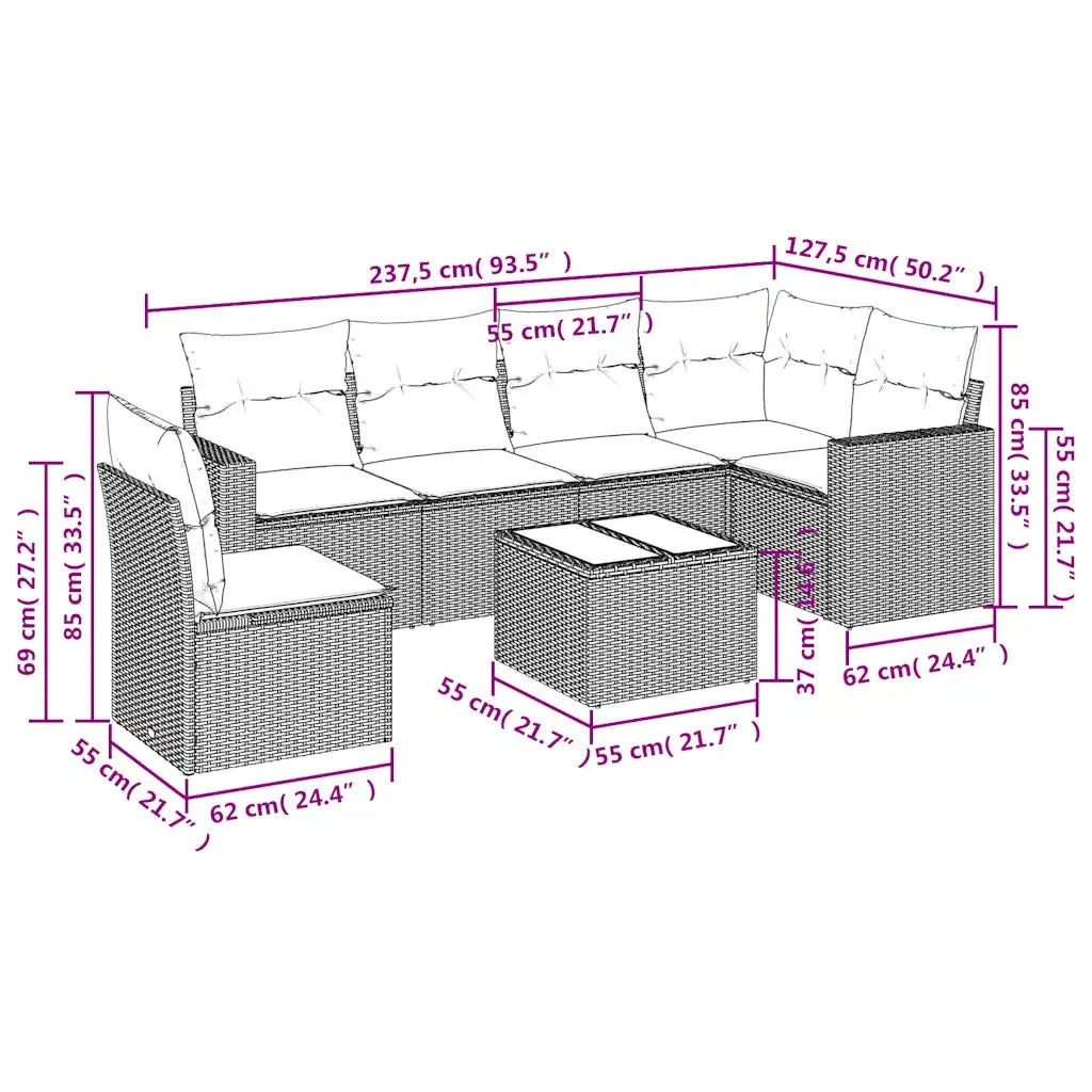 Set Divani da Giardino 7 pz con Cuscini Marrone in Polyrattan