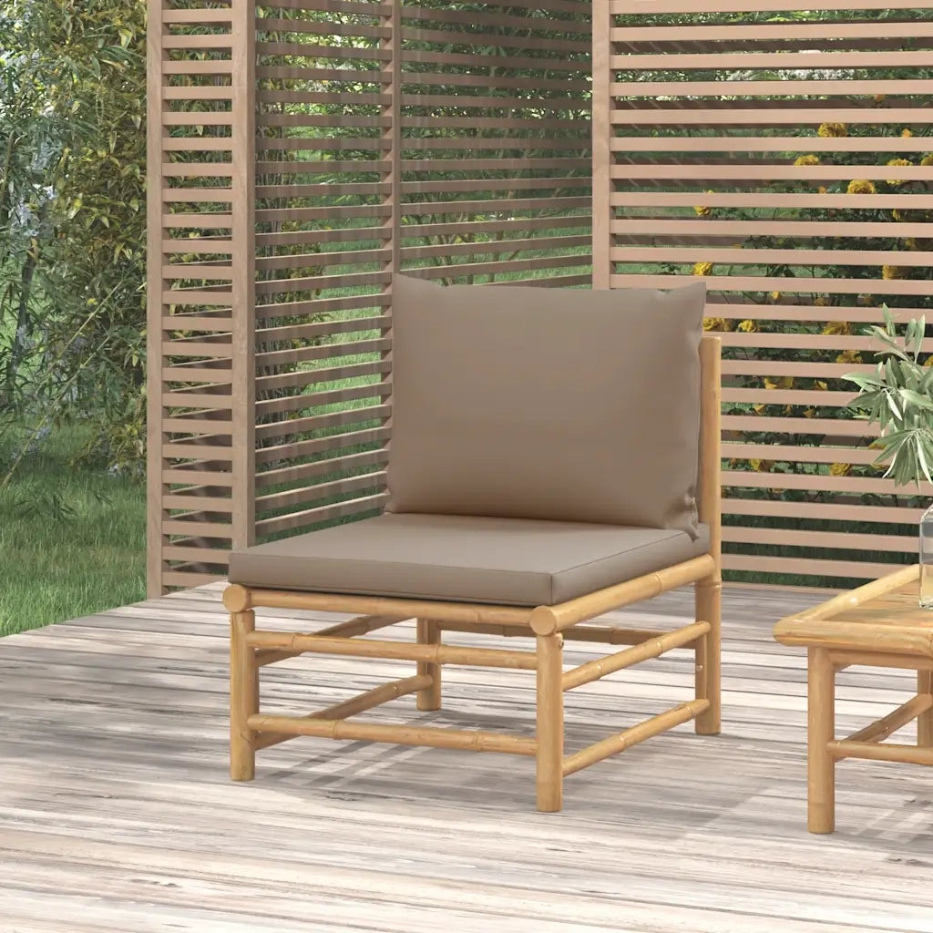 Divano Centrale da Giardino con Cuscini-Sofa Modulare-Divanetto da esterno Tortora in Bamb¨´