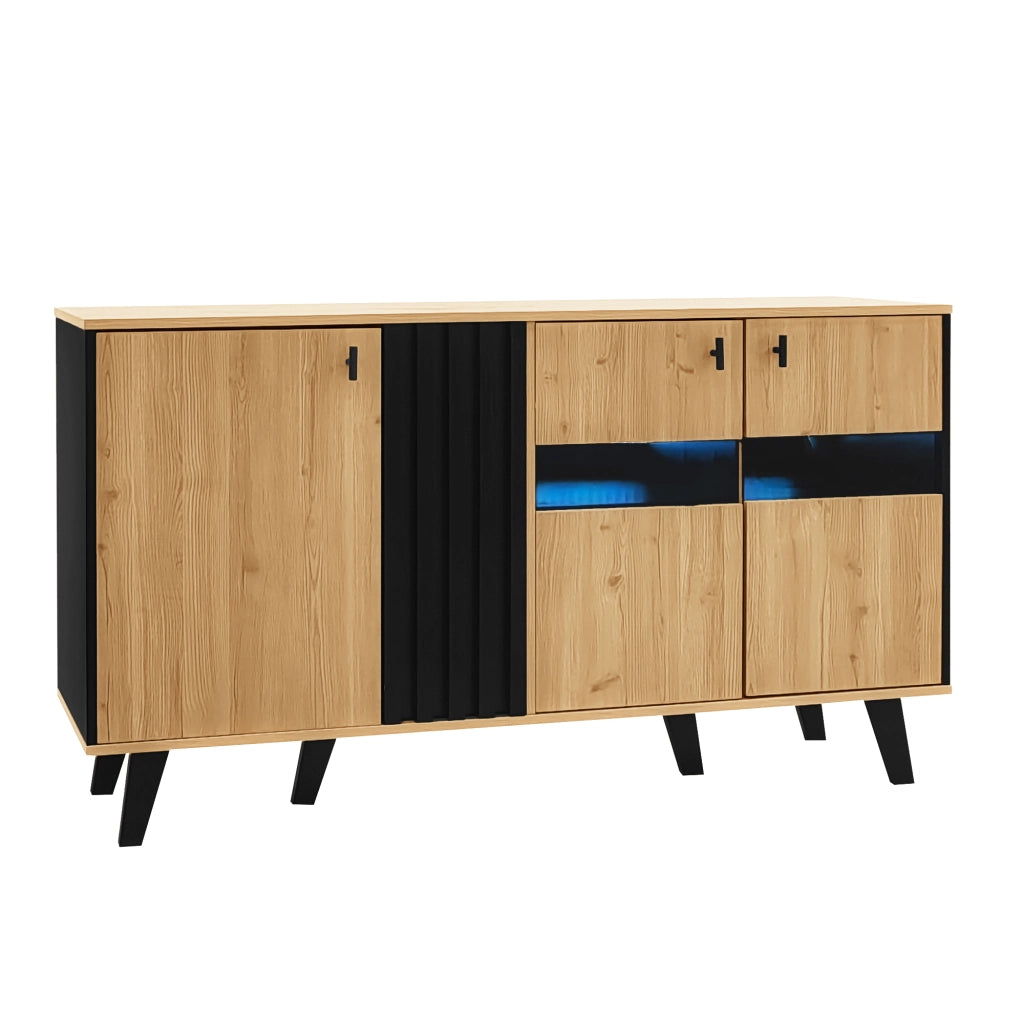 Credenza con LED e Vetro ¨C Xylo ¨C Legno e Nero, 140x78,5x41 cm