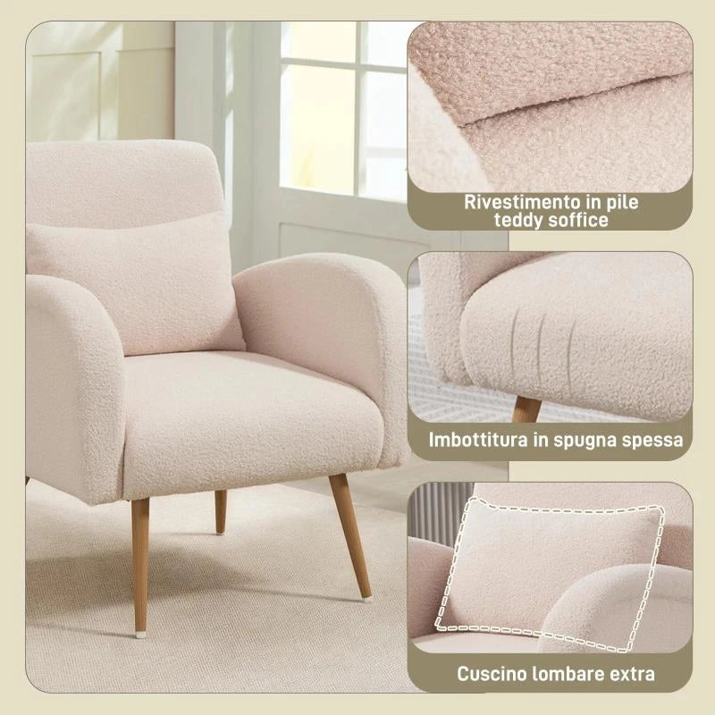 POLTRONA PER SALOTTO MODERNA IN TESSUTO TEDDY CON CUSCINO LOMBARE SFODERABILE, 77X77X83 CM, BEIGE